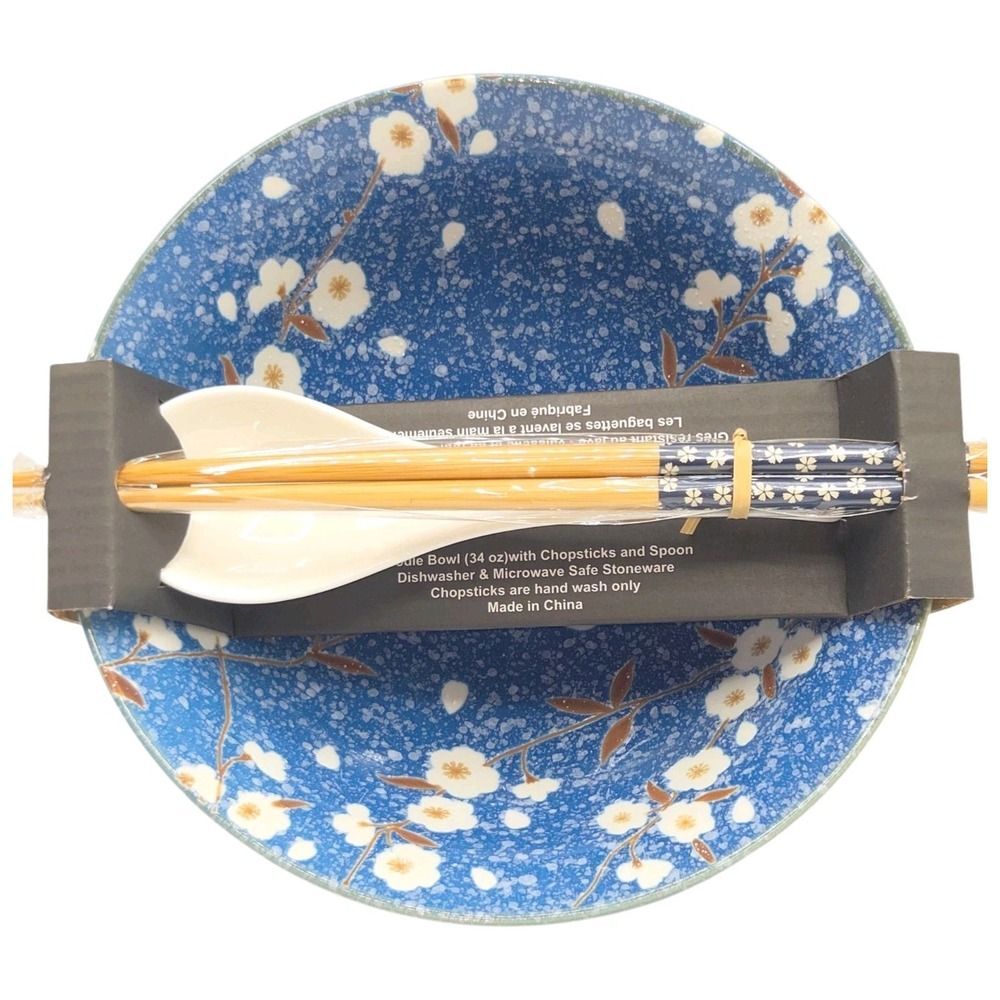 SH Home Sakura Cherry Blossom Ceramic Ramen Noodle Bowl Blue w/ Chopsticks Spoon
